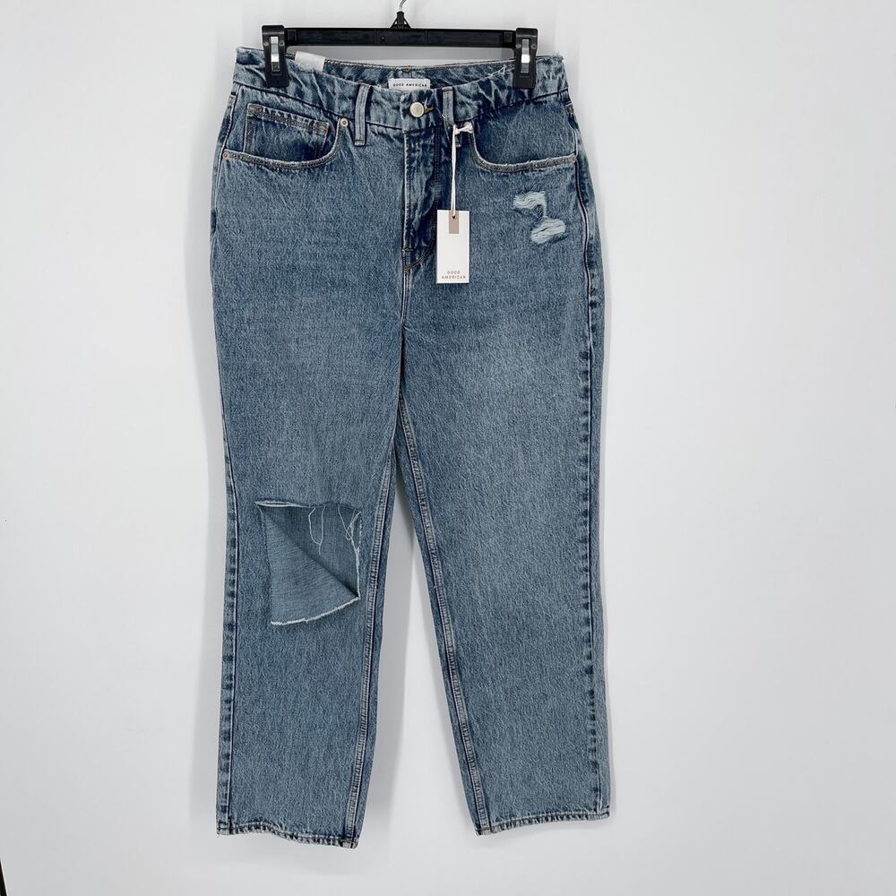 Good American 90s Duster Straight Leg Distressed Jeans NEW Blue Size 6 / 28
